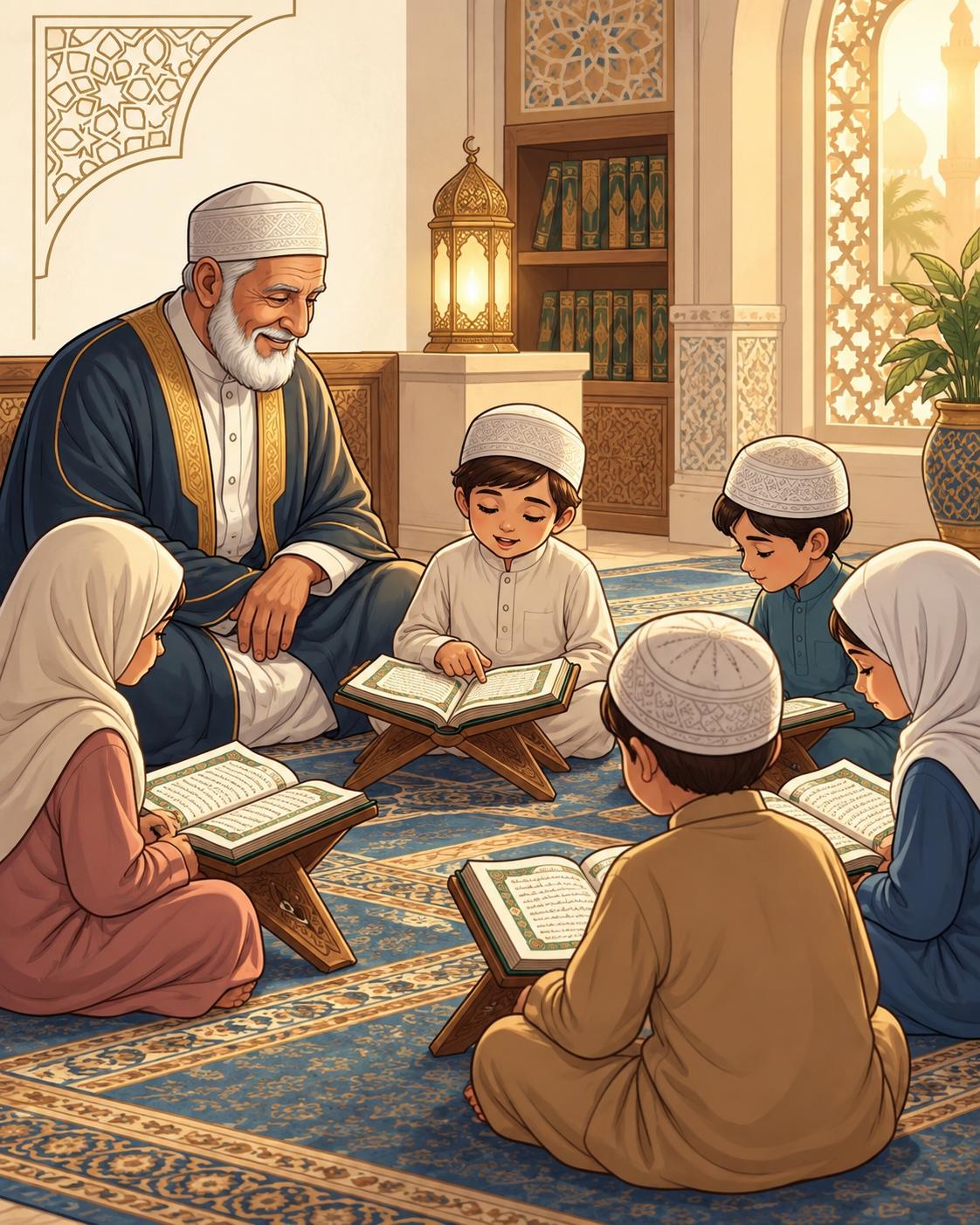 معلم يقرأ القرآن مع طالب