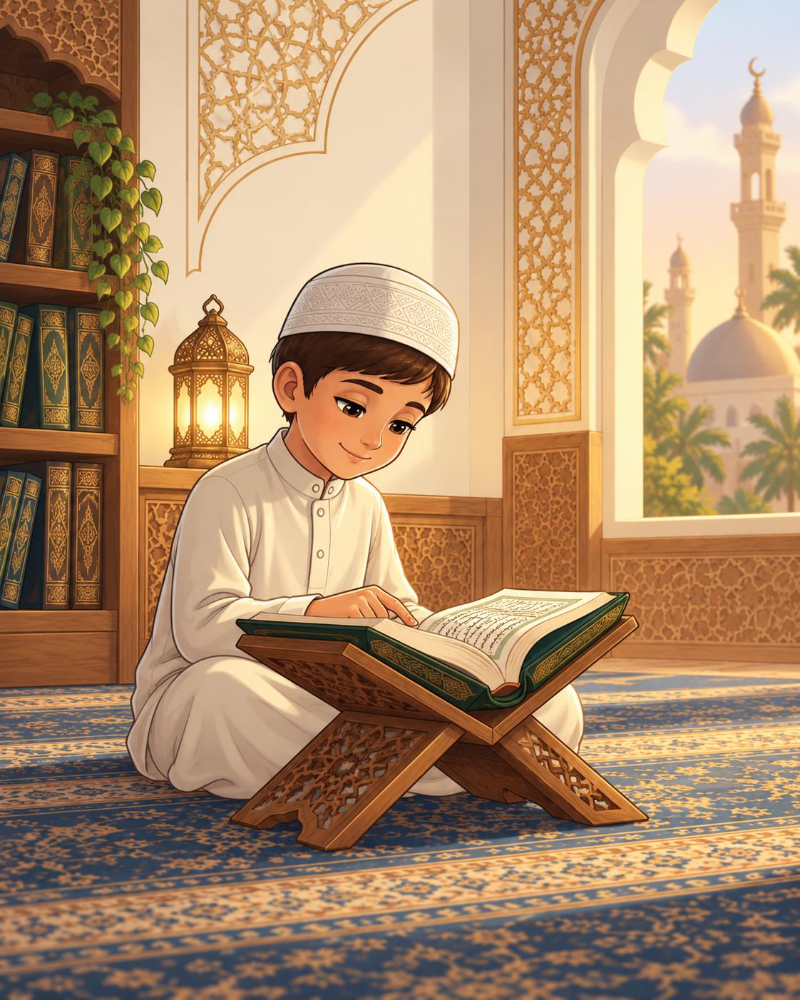 مصحف وكتب في مكتبة إسلامية